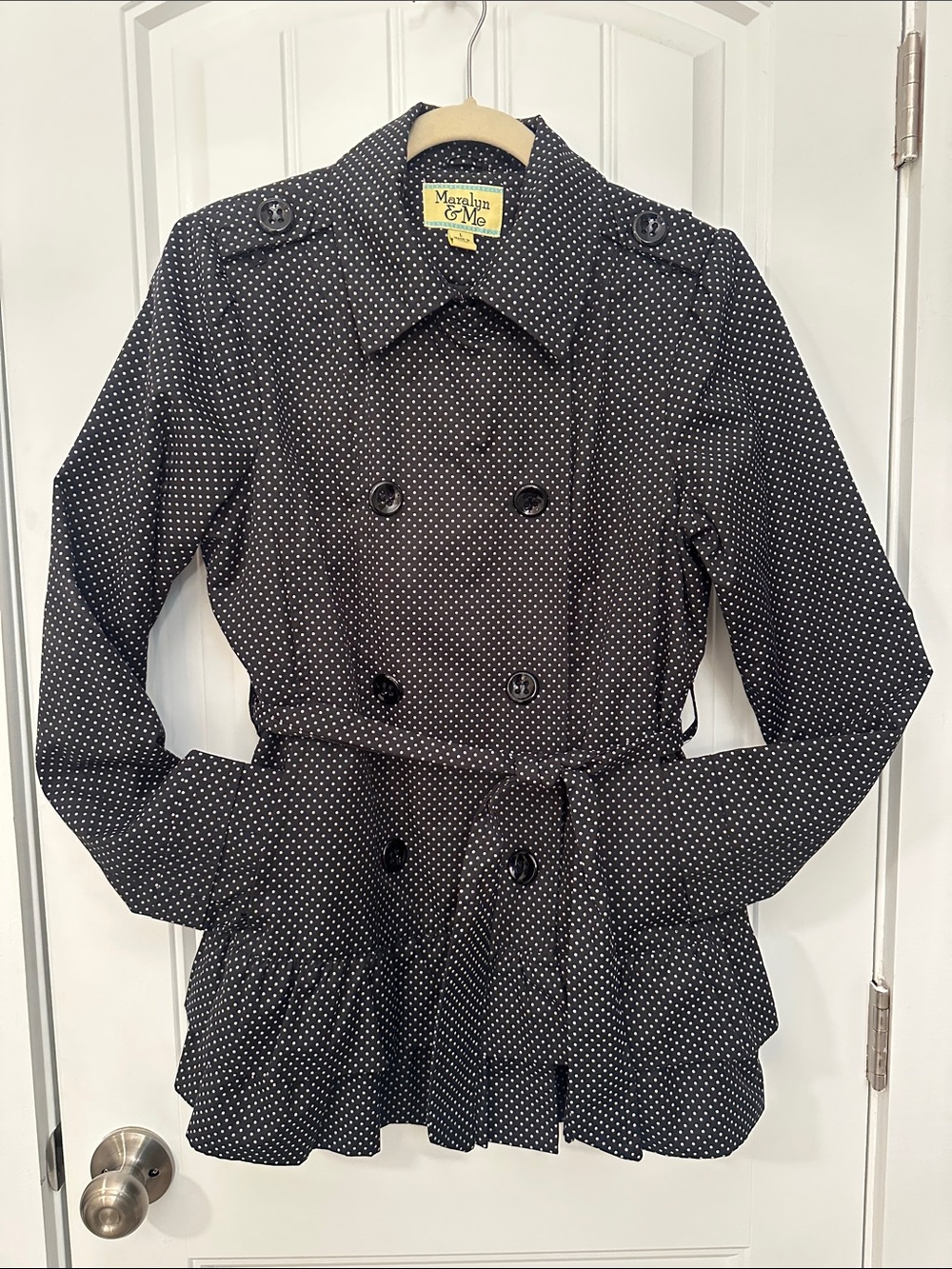 Maralyn & Me Black Polka Dot Double-Breasted Trench with Self-Tie Waist